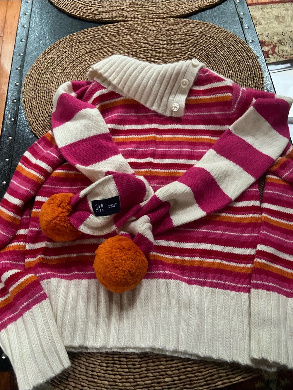 GAP Kids Pink, Cream & Orange Striped Sweater with Pom-Trim Scarf